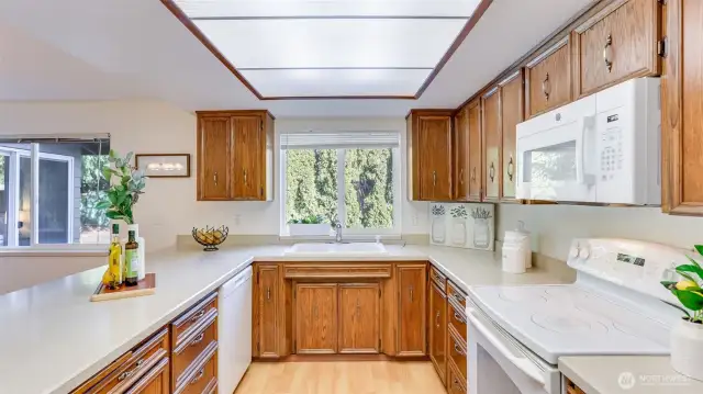 Enjoy ample counter and cabinet space, a brand new microwave and views to the backyard in this well maintained kitchen.