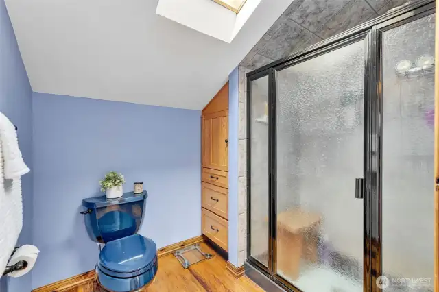 Just past the double sink vanity equipped with pocket door is the toilet and large step in shower. New skylights when the roof was replaced w/50 year transferrable warranty. (2020)