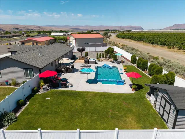 Aerial view of backyard.
