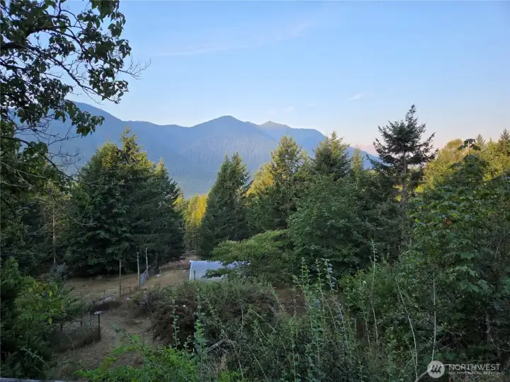 Gorgeous mountain views overlooking the greenhouse and fruit trees.