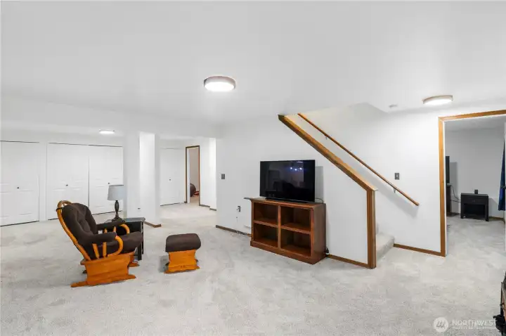 Large open basement with new carpet and paint