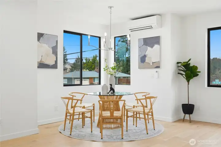 Dining space with contemporary chandelier