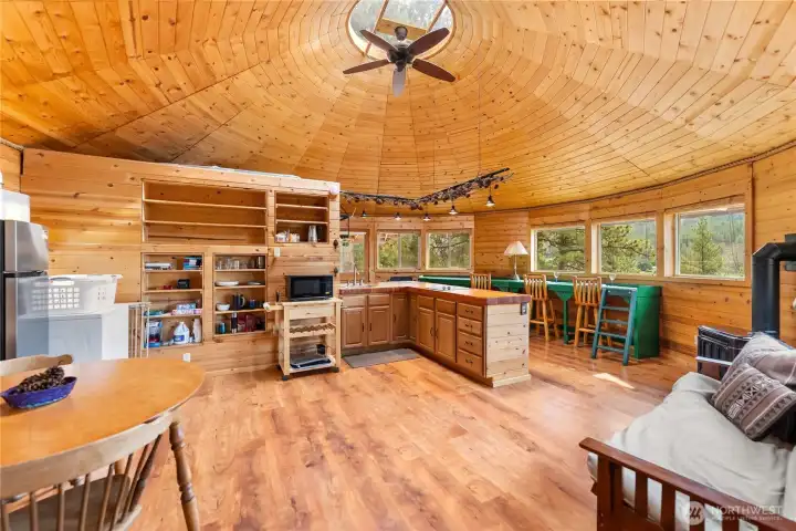 Kitchen and living room flow seamlessly together.
