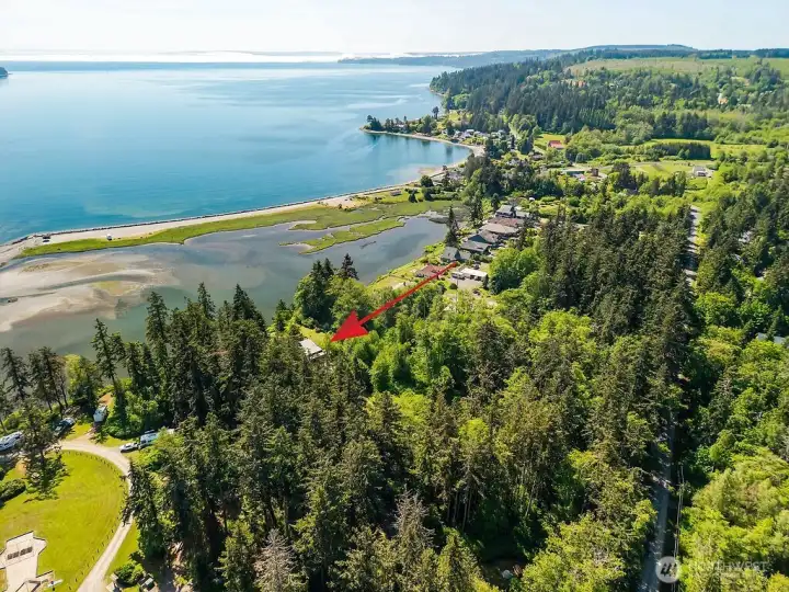 Looking south over Oak Bay with the county park spit in the middle left of the photo. The county camp ground is adjacent to the property. Great bonus as most of the time it's empty and there's a playground, too.
