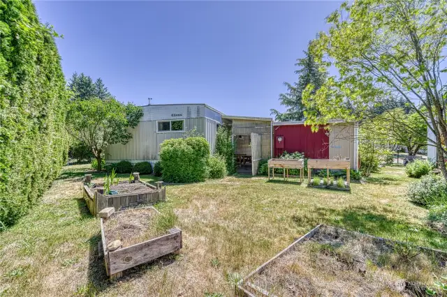 Backside with level lawn and raised planting beds