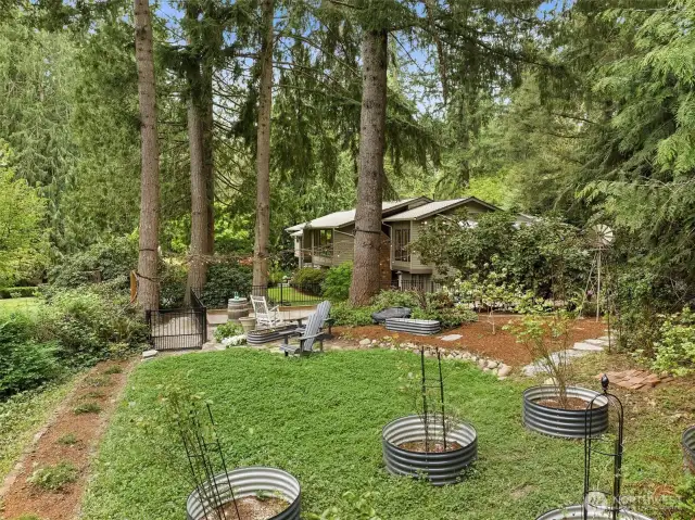 Rose garden, garden beds, fishing bridge...so many details!