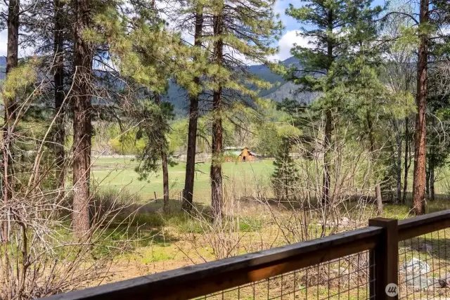 Expansive deck view overlooking meadow and mountain backdrop—nature at your doorstep