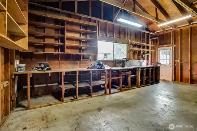 Large workbench and shelving will house all your tool shop gadgets.