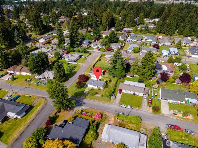 Aerial view of corner lot.