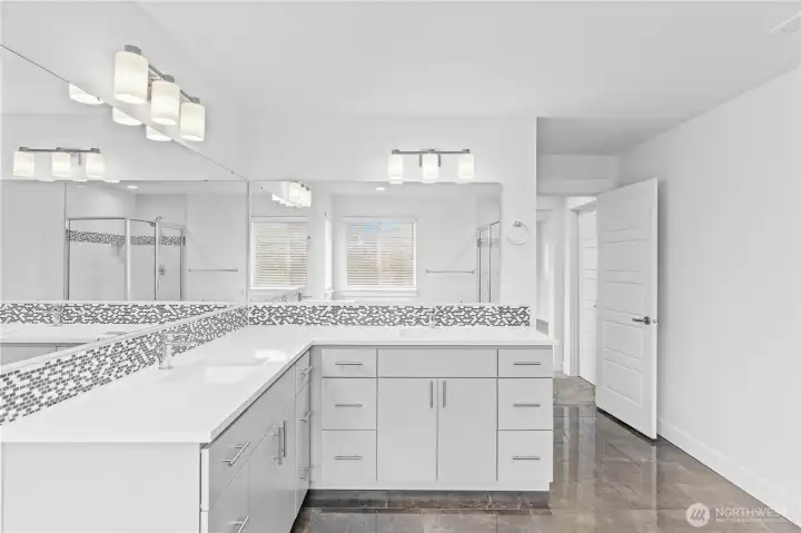 L-Shaped Vanity provides extra countertop space & extra storage!