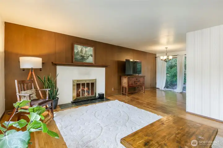 Living Room with Fireplace and Dining Room
