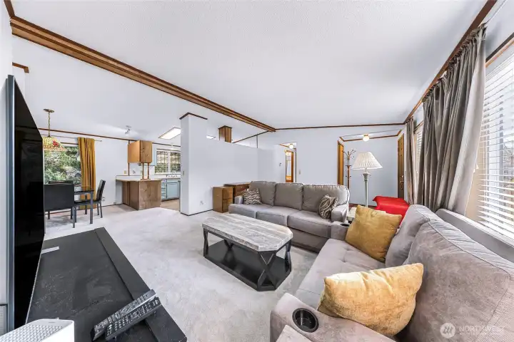 From the living room, dining room to your left, kitchen at center and front door entry to your right