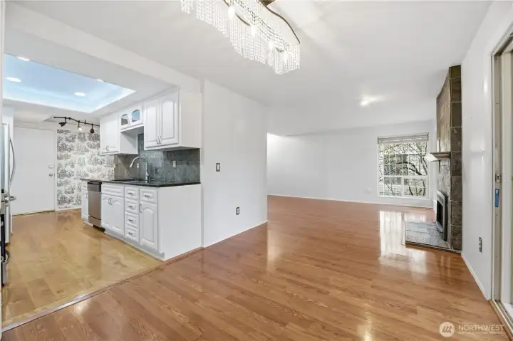 Looking from the dining area into the kitchen.
