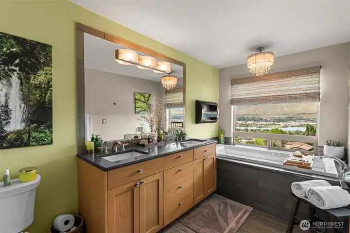 Primary bath, soak tub, wall mount fire place