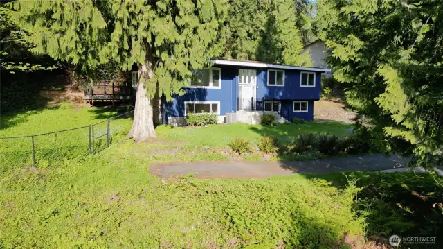Front of the house and fenced sideyard on the left.