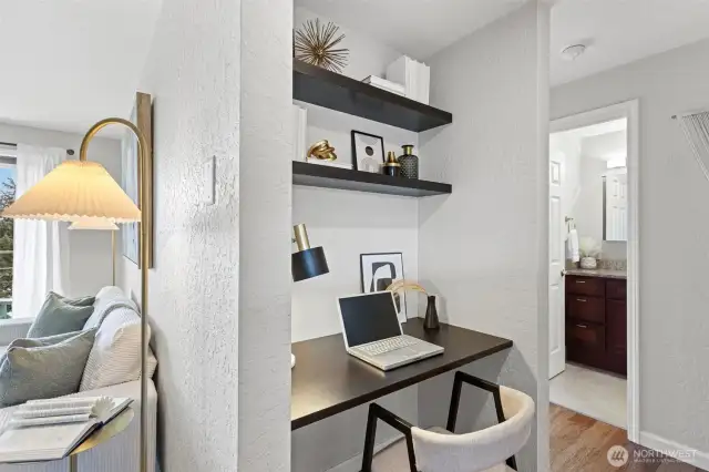 A clever use of space with a built-in office nook and shelving for those who work from home.