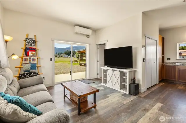 Sliding door open to the patio with stunning views