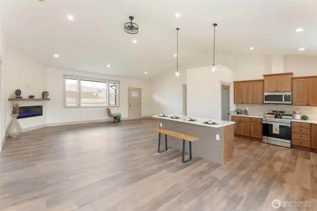 living, dining and kitchen- with walk in pantry