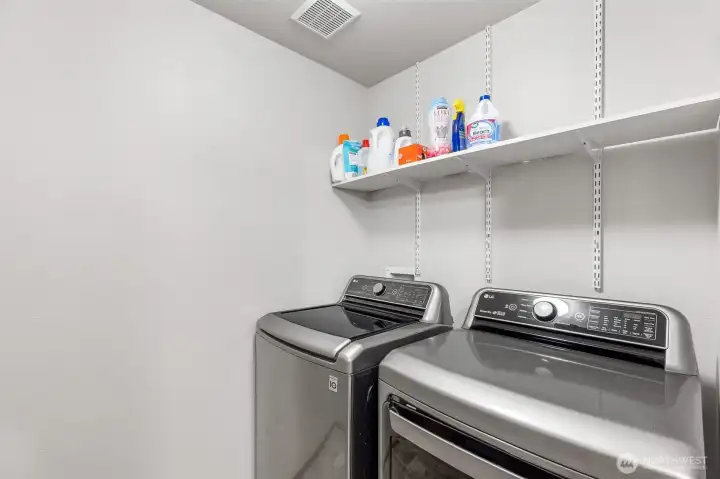 Washer and dryer included in a convenient upper level laundry. It’s located between the three bedrooms, so there’s no need to haul laundry up and down stairs. However, this home offers options! There’s a second washer/dryer hookup in the garage if you’d prefer to use this space differently.