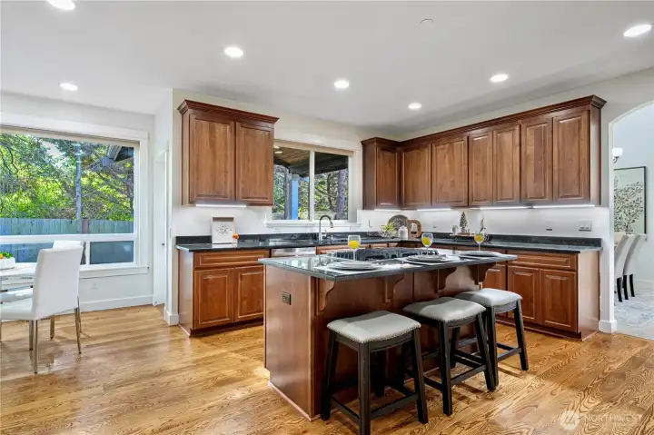 Gourmet kitchen with a large center island and breakfast bar.
