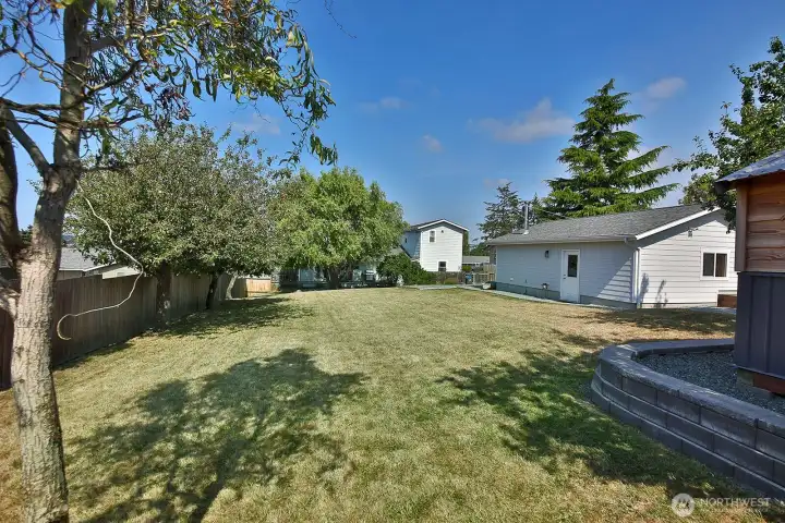 Large lot has a wonderful back yard with fruit trees, garden beds, storage shed and the fully renovated luxury garage!