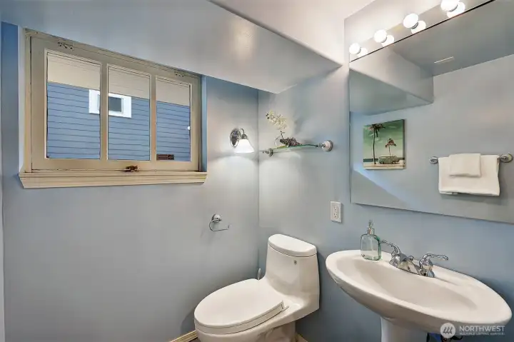 Lower level powder room with pedestal sink.
