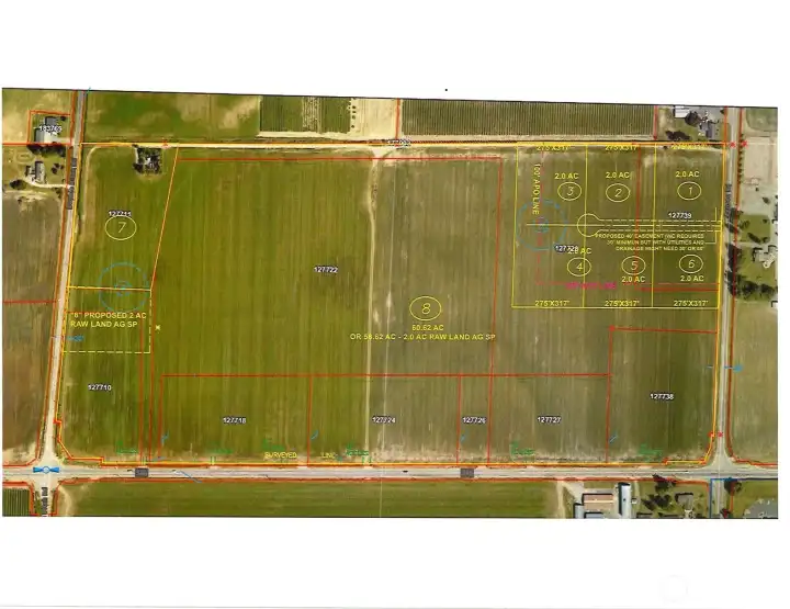 This tract of land consists of 10 parcels.  The potential exists, with lot line adjustments to create 6 residential lots that can be sold individually.  Lot #7 on this map is a 4.72 acre lot with a cell tower that has a 40 year lease.  Potential also exists for lot number 8 to carve off a AG short plot building site.  This map is a concept sketch of the potential for development opportunities.