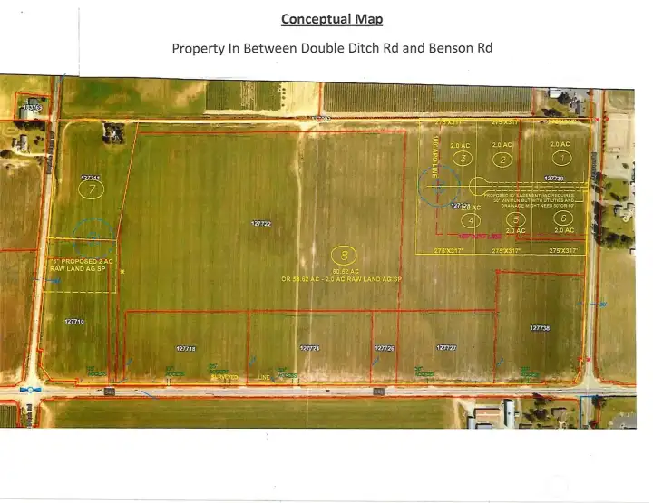 This map is a concept sketch of the development opportunities.  This tract of land consists of 10 parcels.  The potential exists, with lot line adjustments to create 6 residential lots that can be sold individually.  Lot #7 on this map is a 4.72 acre lot with a cell tower that has a 40 year lease.  Potential also exists for lot number 8 to carve off a AG short plot building site.