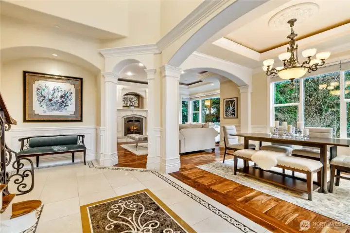 Tray ceiling with uplighting in formal living and dining rooms