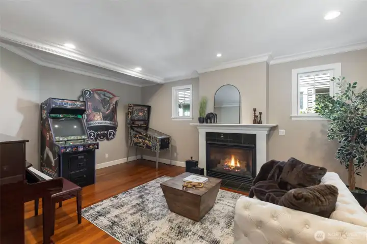 Family room with gas fireplace.