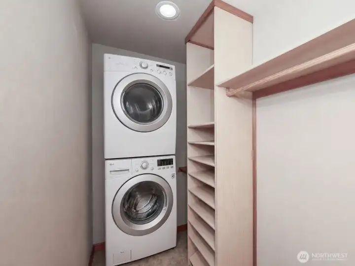 Primary closet - virtually staged. It does have washer and dryer hook ups for a stackable washer/dryer set up. Primary closet - virtually staged. It does have washer and dryer hook ups for a stackable washer/dryer set up.