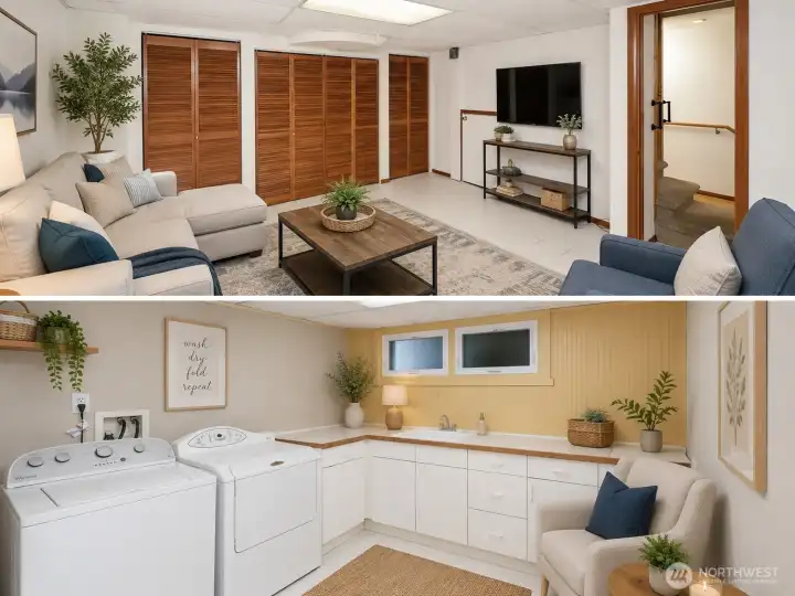 Recreation room slash downstairs laundry and storage - virtually staged Recreation room slash downstairs laundry and storage - virtually staged