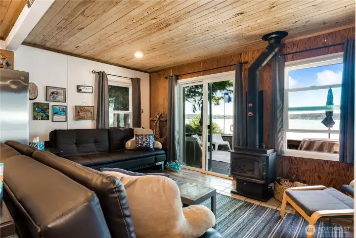 Cozy living with wood stove.