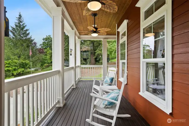 Covered front deck with ceiling fans, sit in comfort and enjoy the views.