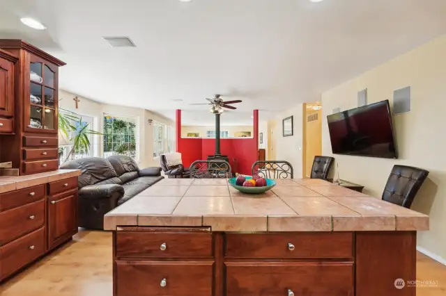 Island looking over into great room & formal living in the distance.