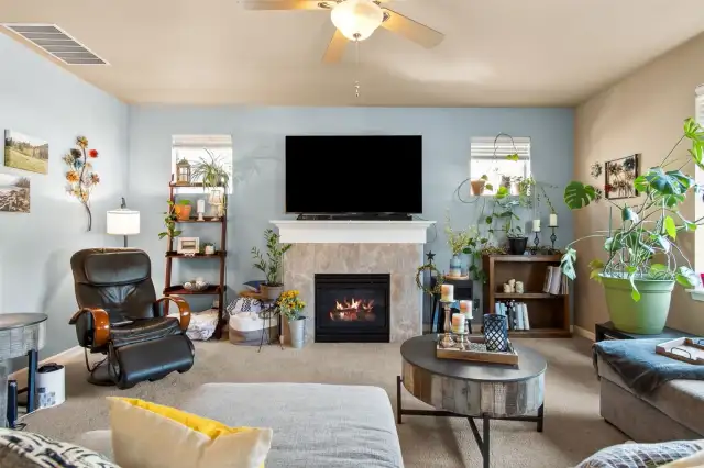 Large family room with gas fireplace