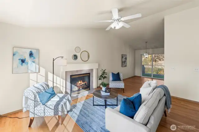 Living room features a gas fireplace for warmth and ambiance.