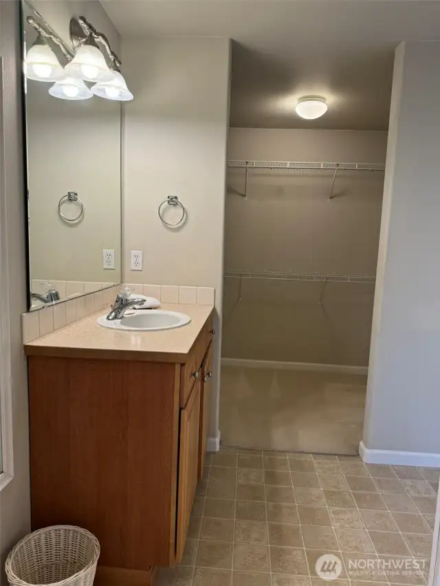 AS YOU SEE IT NOW  ~~ Showing first of the two sink areas...with spacious walk-in closet.... and don't miss the Linen Closet behind the door into the bath.
