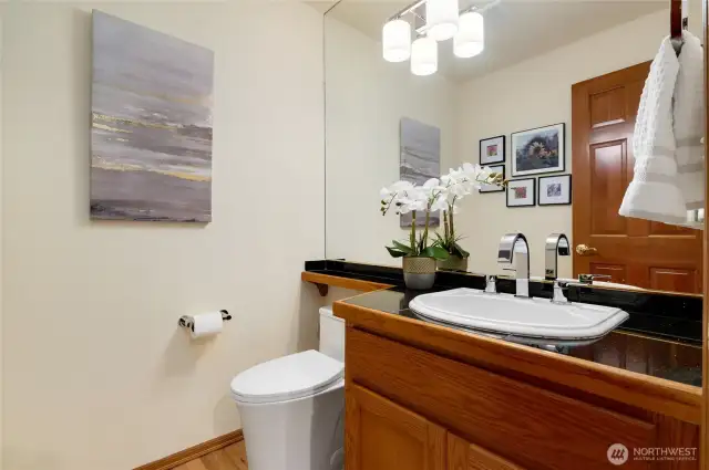 Main-level powder room, with undermount sink, and elegant lighting. A perfect blend of function and sophistication for guests and everyday use.