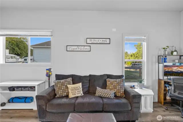 Living room viewed from in front of entertainment center