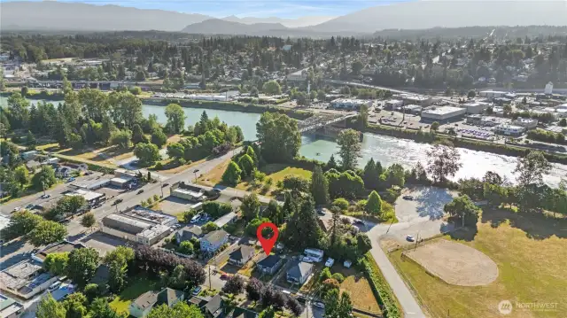 Aerial view of neighboring park and the Skagit River