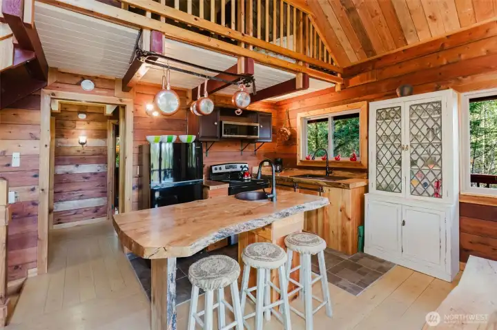 Kitchen area with seating.