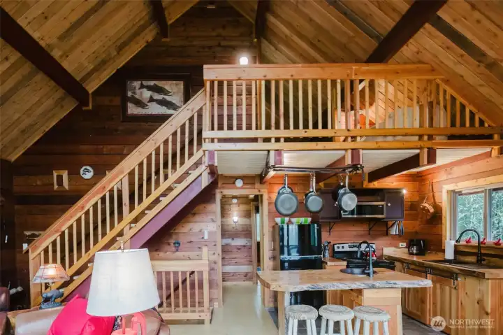 Stairway up to loft and down stairs for recreation!