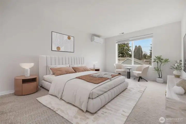 Spacious primary bedroom with walk-in closet, 5 piece bath and mini-split for both heating and cooling.