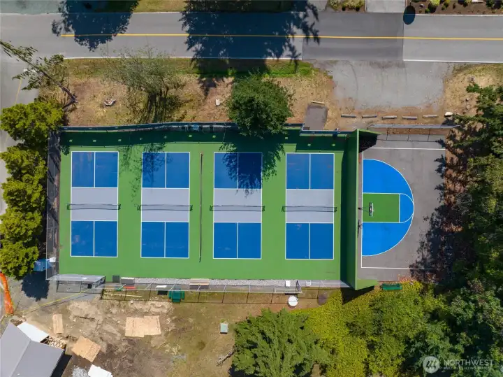 Enjoy Pickleball courts as well as a sports court with basketball hoop also a short walk away.