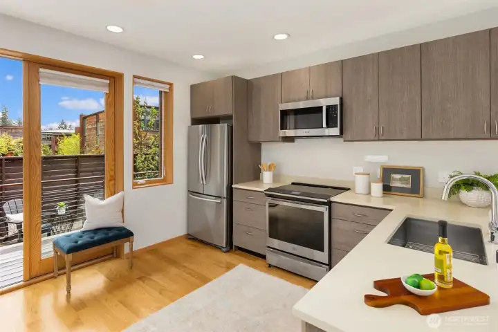 Thoughtful storage and ample workspace prioritizes functionality.