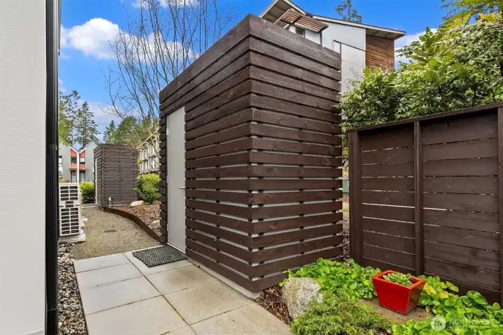 Two lockable, convenient, private storage units are perfect for storing bikes, equipment, and yard tools.