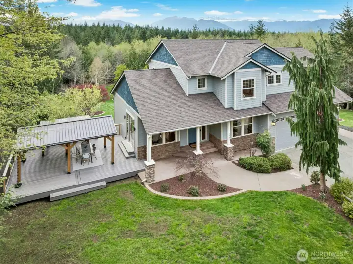 An aerial view of the newly constructed deck and dining gazebo off of the formal dining room.
