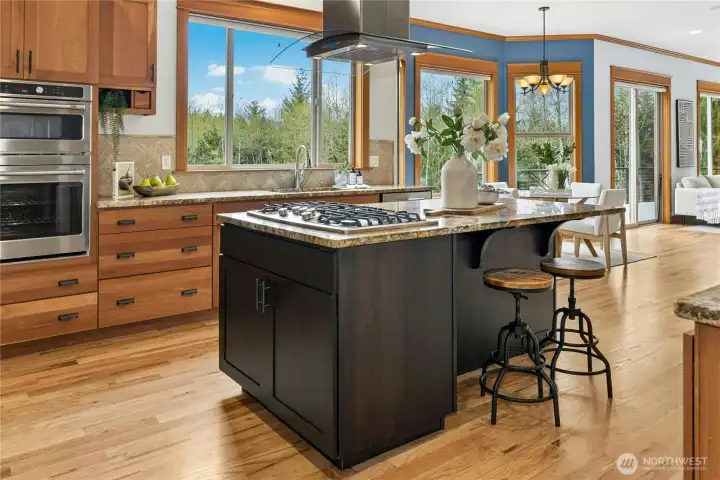 Heading back inside to the spacious kitchen. Every element of this spectacular kitchen was designed for a chef in mind, from granite counters to the propane range, the huge walk-in pantry, and an impressive built-in refrigerator. Granite countertops throughout the house provide durable, low maintenance elegance.