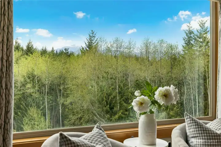 The picture window in the primary suite captures sweeping Olympic Mountain vistas and pastel sunsets that shift with the seasons.
